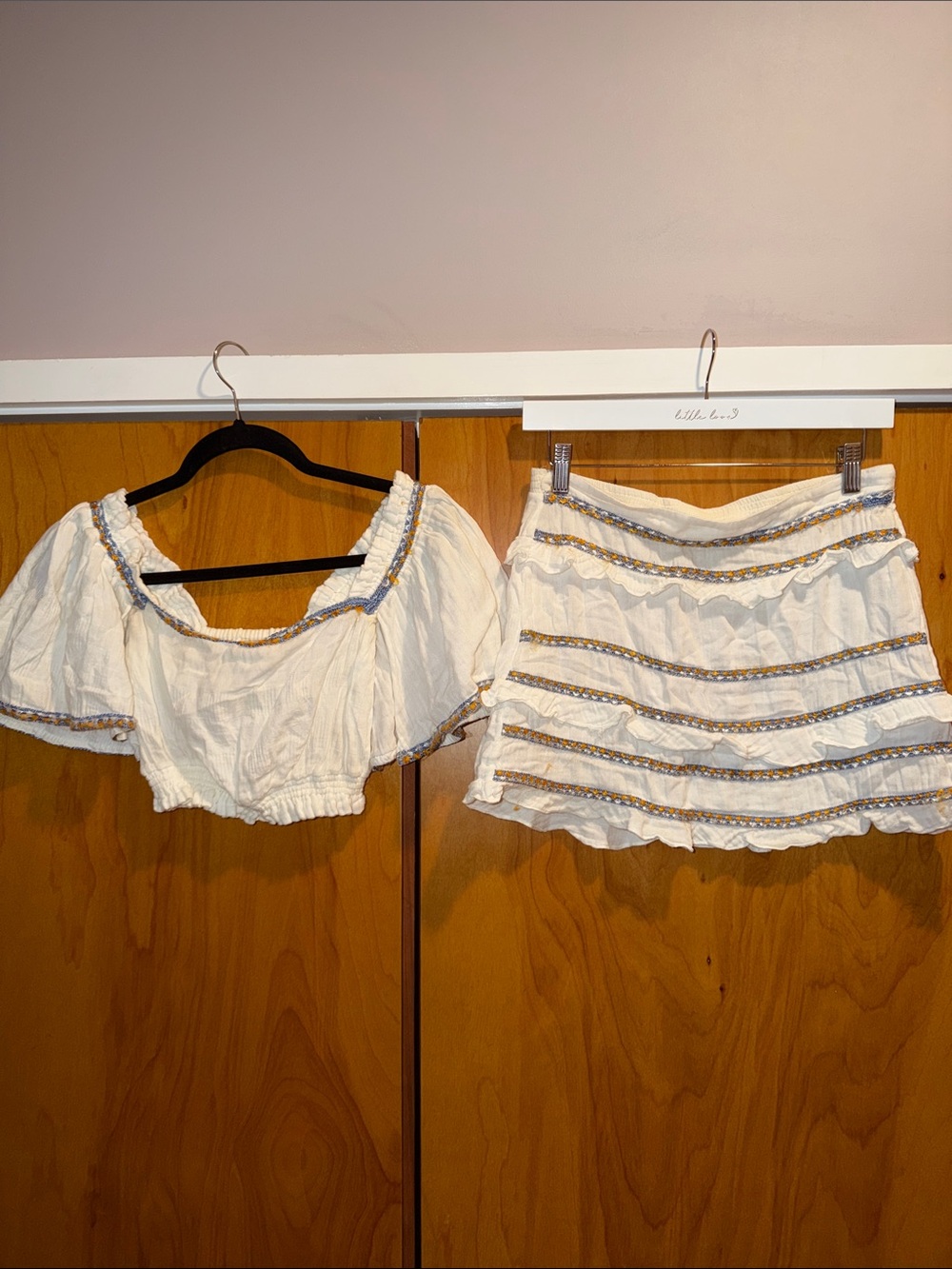 White Mini Skirt with Decorative Blue and Tan Trim
